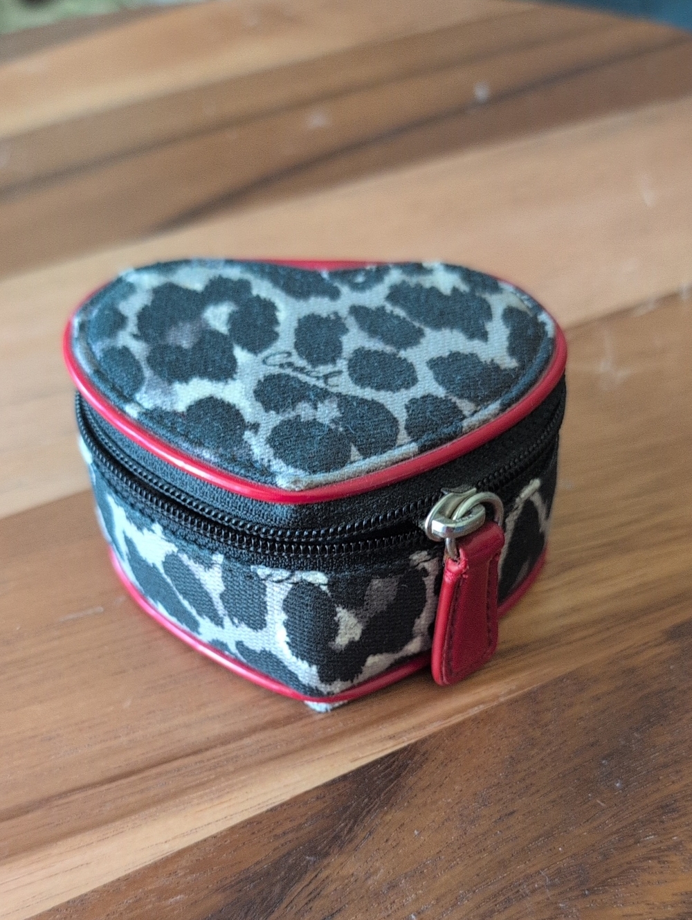 Coach Leopard Print Heart Jewelry Case with Red Trim
